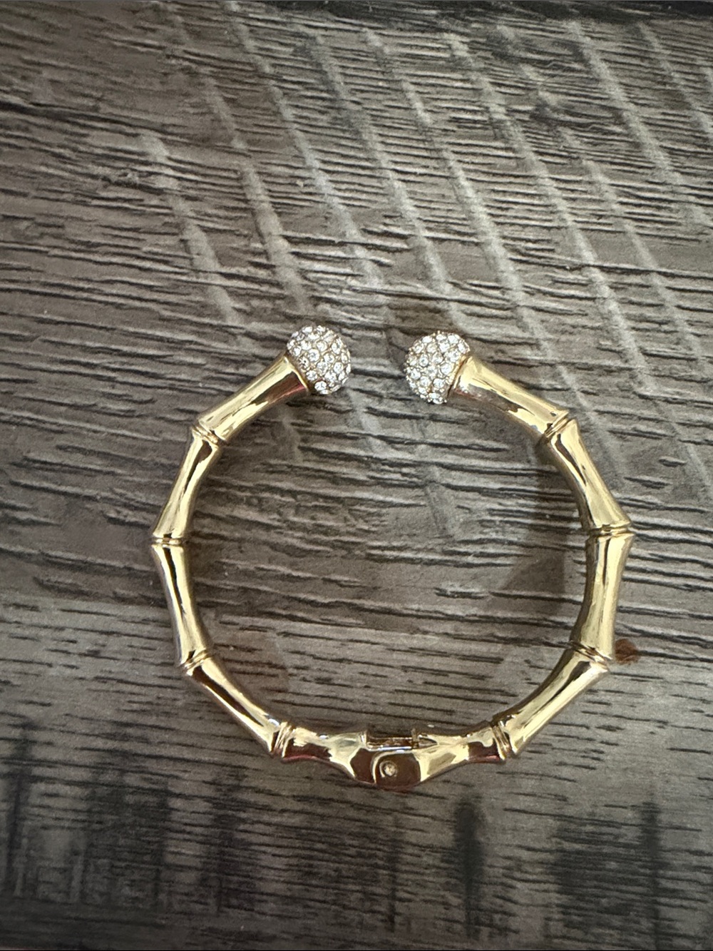 Source Unknown Gold Bamboo-Style Open Cuff Bracelet with Crystal-Studded Ends